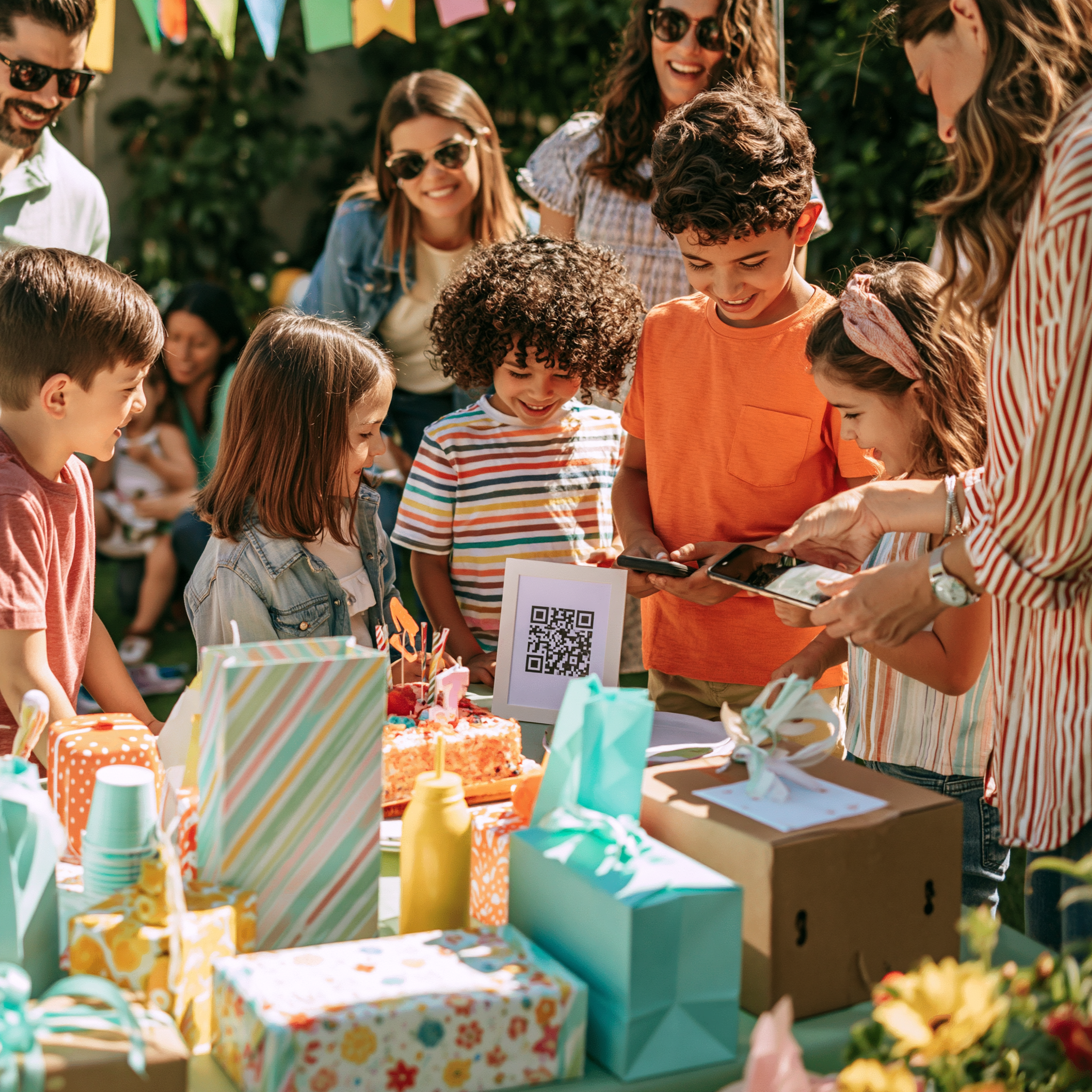 Children scanning a gift QR code at a birthday party